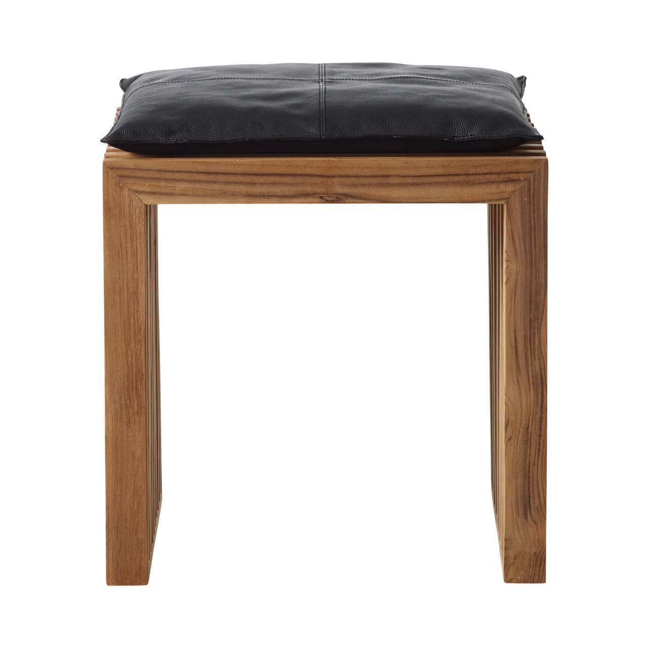 Rib sæt, teak skammel, sort læderhynde